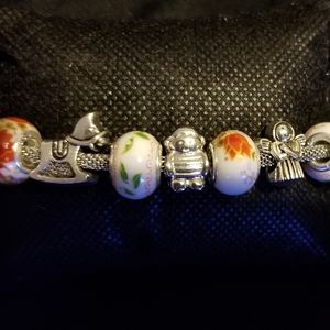 Blue and Red Flower Beaded  Charm Bracelet